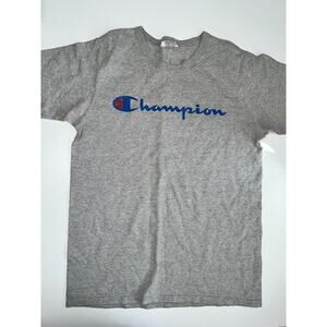 Champion T-Shirt Men's Size M Gray Script Logo Jersey Tee Short Sleeve Crew Neck